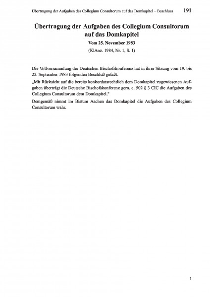 191 Übertragung der Aufgaben des Collegium Consultorum auf das Domkapitel – Beschluss