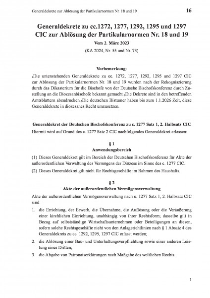 16 Generaldekrete zur Ablösung der Partikularnormen Nr. 18 und 19