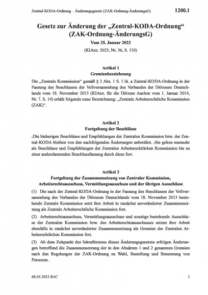 1200.1 Zentral-KODA-Ordnung – Änderungsgesetz (ZAK-Ordnung-ÄnderungsG)