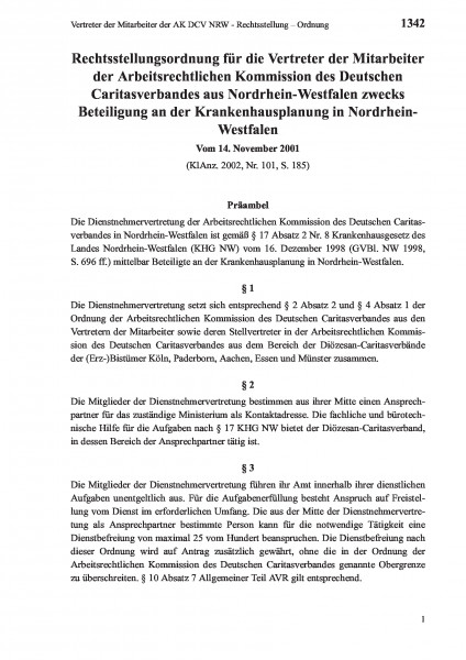 1342 Vertreter der Mitarbeiter der AK DCV NRW - Rechtsstellung – Ordnung