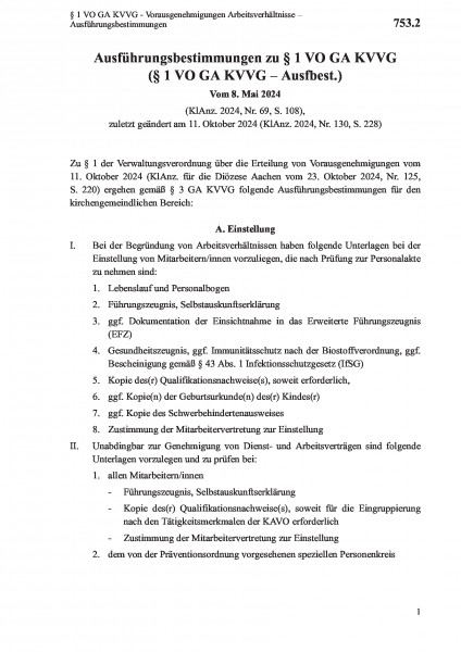 753.2 § 1 VO GA KVVG - Vorausgenehmigungen Arbeitsverhältnisse – Ausführungsbestimmungen