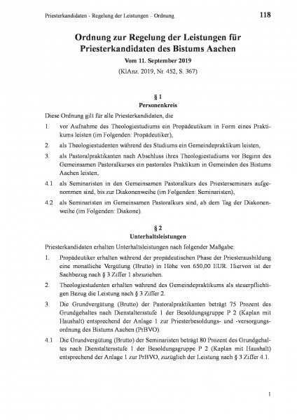 118 Priesterkandidaten - Regelung der Leistungen – Ordnung