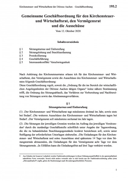 195.2 Kirchensteuer- und Wirtschaftsrat der Diözese Aachen – Geschäftsordnung