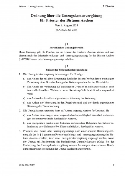 105-neu Priester – Umzugskosten – Ordnung