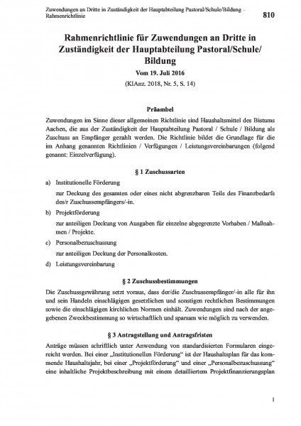 810 Zuwendungen an Dritte in Zuständigkeit der Hauptabteilung Pastoral/Schule/Bildung – Rahmenrichtl
