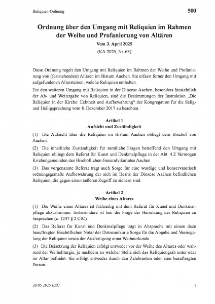 500 Reliquien-Ordnung