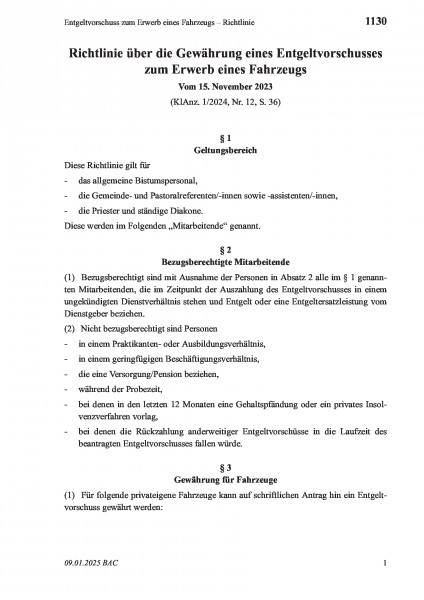 1130 Entgeltvorschuss zum Erwerb eines Fahrzeugs – Richtlinie