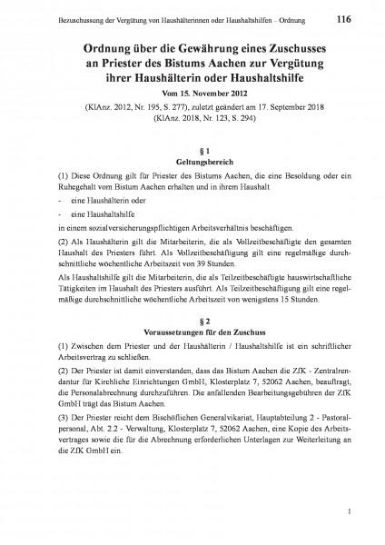 116 Bezuschussung der Vergütung von Haushälterinnen oder Haushaltshilfen – Ordnung