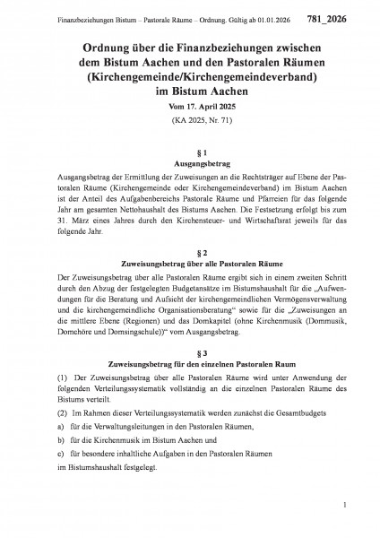 781_2026 Finanzbeziehungen Bistum – Pastorale Räume – Ordnung. Gültig ab 01.01.2026