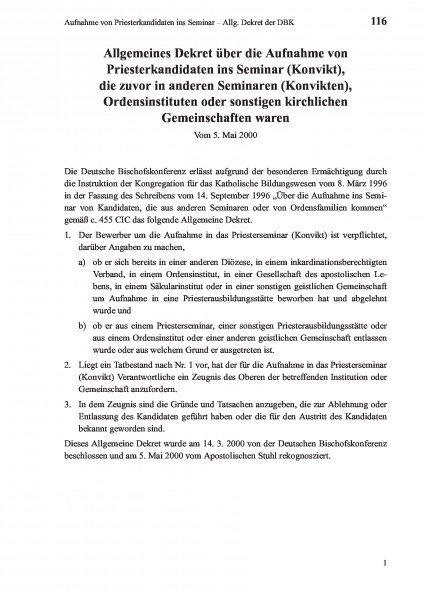 116 Aufnahme von Priesterkandidaten ins Seminar – Allg. Dekret der DBK