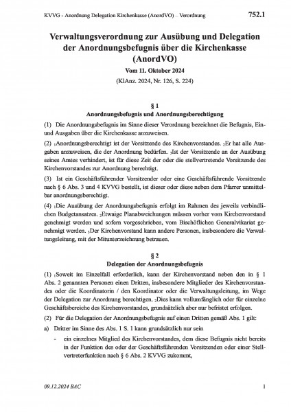 752.1 KVVG - Anordnung Delegation Kirchenkasse (AnordVO) – Verordnung