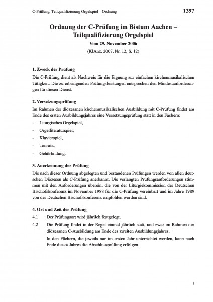 1397 C-Prüfung, Teilqualifizierung Orgelspiel – Ordnung
